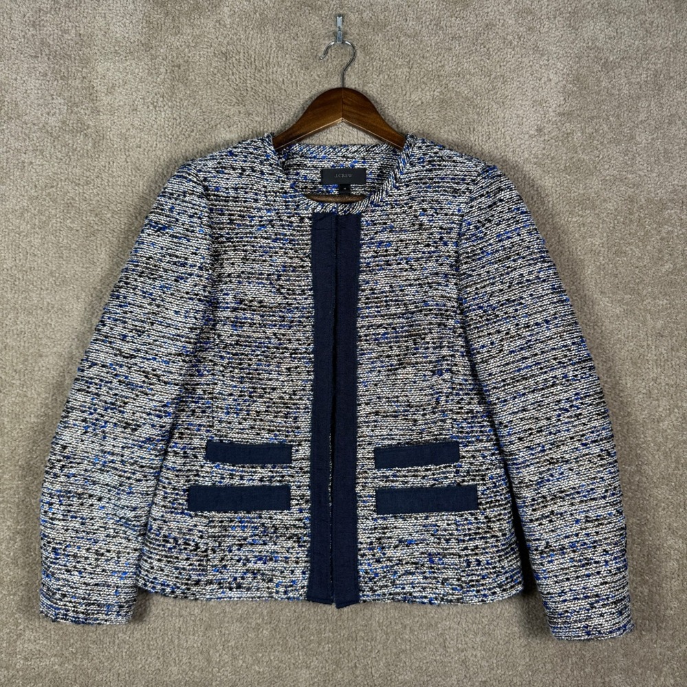 J.Crew Tweed Jacket Womens‎ 4 Blue Black Metallic Collarless Open Front Blazer